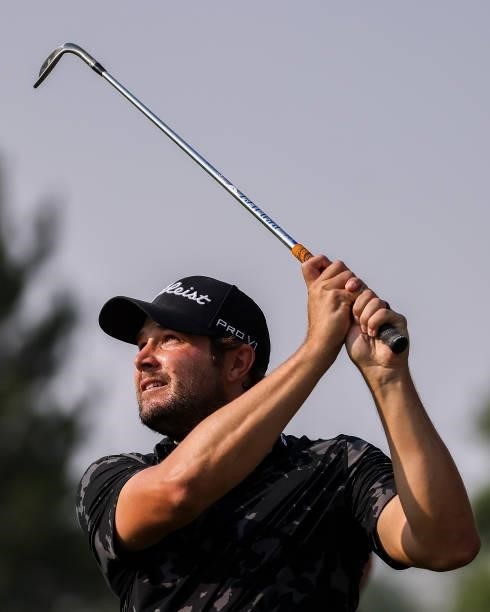 Peter Uihlein plays his shot from the 18th hole during the third round of the Utah Championship presented by Zions Bank at Oakridge Country Club on...