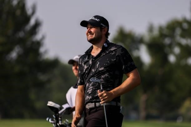 Peter Uihlein looks on from the 18th hole during the third round of the Utah Championship presented by Zions Bank at Oakridge Country Club on August...