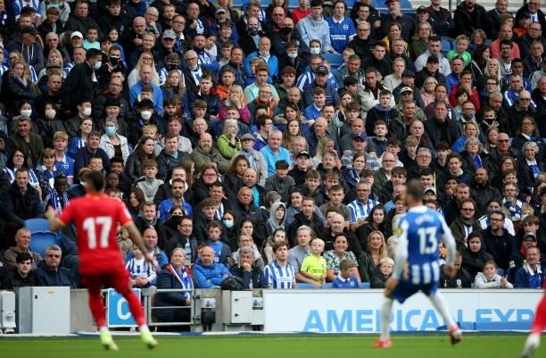 Fans watching the Pre Season Friendly Match between Brighton & Hove Albion and Getafe at American Express Community Stadium on August 7, 2021 in...