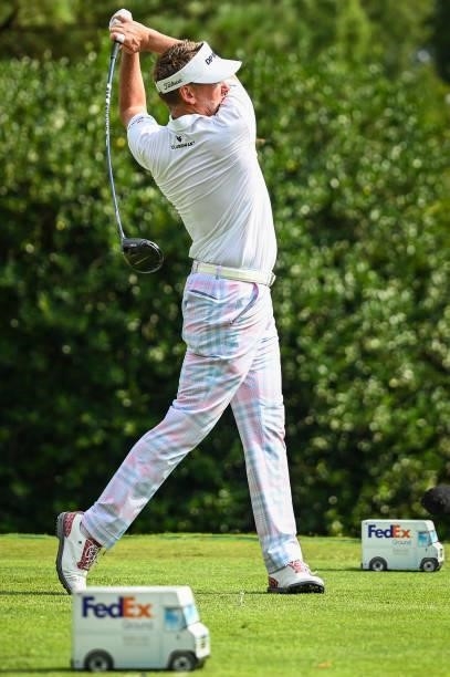 Ian Poulter of England plays his shot from the 17th tee during the third round of the World Golf Championships-FedEx St. Jude Invitational at TPC...