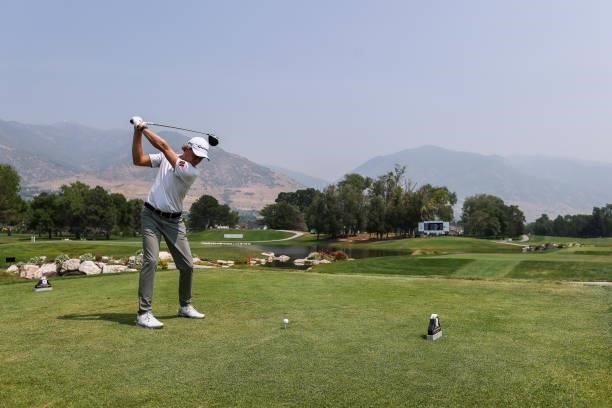 Austin Smotherman plays his shot from the 15th tee during the third round of the Utah Championship presented by Zions Bank at Oakridge Country Club...