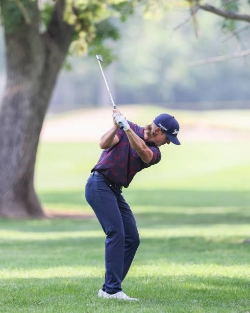 Jake Knapp plays his shot from the 15th hole during the third round of the Utah Championship presented by Zions Bank at Oakridge Country Club on...