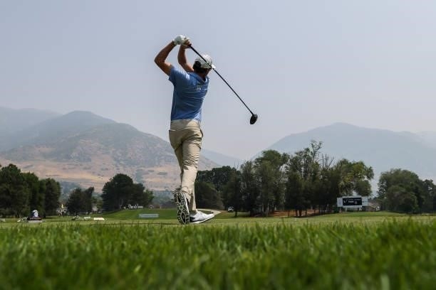 Ben Kohles plays his shot from the 15th tee during the third round of the Utah Championship presented by Zions Bank at Oakridge Country Club on...