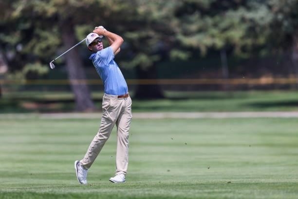 Ben Kohles plays his shot from the 13th hole during the third round of the Utah Championship presented by Zions Bank at Oakridge Country Club on...