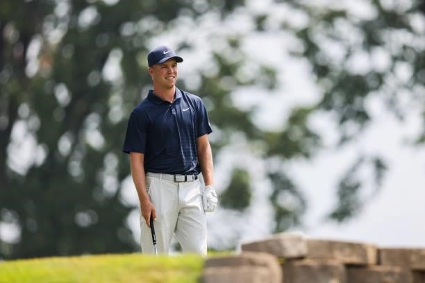 Nick Hardy looks on from the 14th tee during the third round of the Utah Championship presented by Zions Bank at Oakridge Country Club on August 7,...