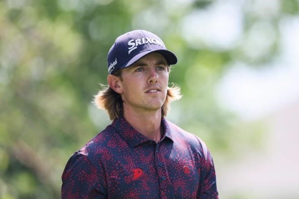 Jake Knapp looks on from the 16th hole during the third round of the Utah Championship presented by Zions Bank at Oakridge Country Club on August 7,...