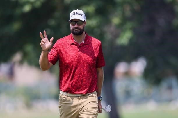 Tom Whitney acknowledges the crowd after sinking his putt on the 15th green during the third round of the Utah Championship presented by Zions Bank...