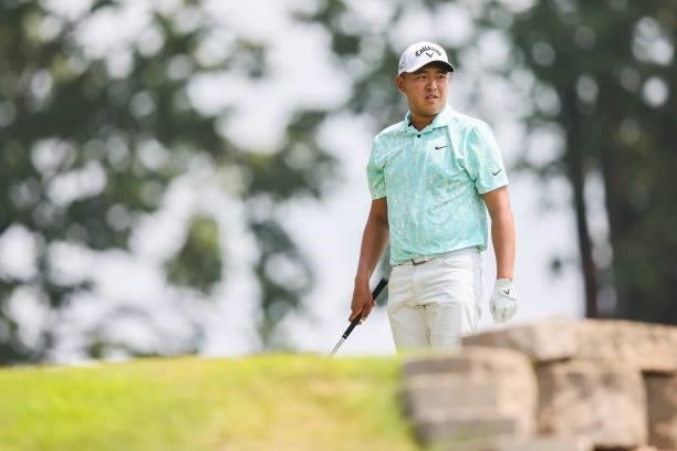 Kevin Yu of Chinese Taipei looks on from the 14th tee during the third round of the Utah Championship presented by Zions Bank at Oakridge Country...