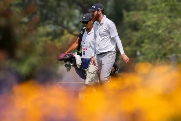 Evan Harmeling walks on the 9th hole during the third round of the Utah Championship presented by Zions Bank at Oakridge Country Club on August 7,...