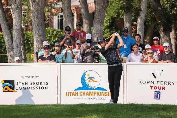 Peter Uihlein plays his shot from the 18th tee during the third round of the Utah Championship presented by Zions Bank at Oakridge Country Club on...