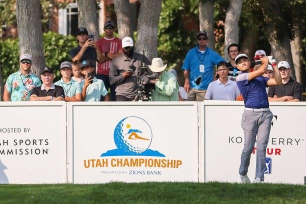 Bobby Bai plays his shot from the 18th tee during the third round of the Utah Championship presented by Zions Bank at Oakridge Country Club on August...