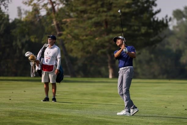 Bobby Bai plays his shot from the 18th hole during the third round of the Utah Championship presented by Zions Bank at Oakridge Country Club on...