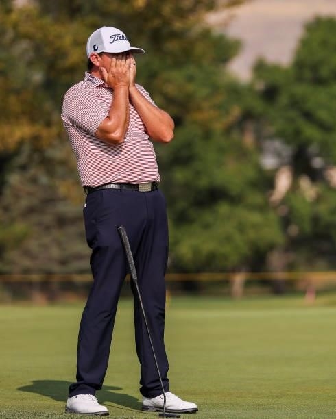 Joshua Creel reacts after missing a putt on the 17th green during the third round of the Utah Championship presented by Zions Bank at Oakridge...