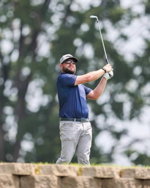 Erik Barnes plays his shot from the 14th tee during the third round of the Utah Championship presented by Zions Bank at Oakridge Country Club on...