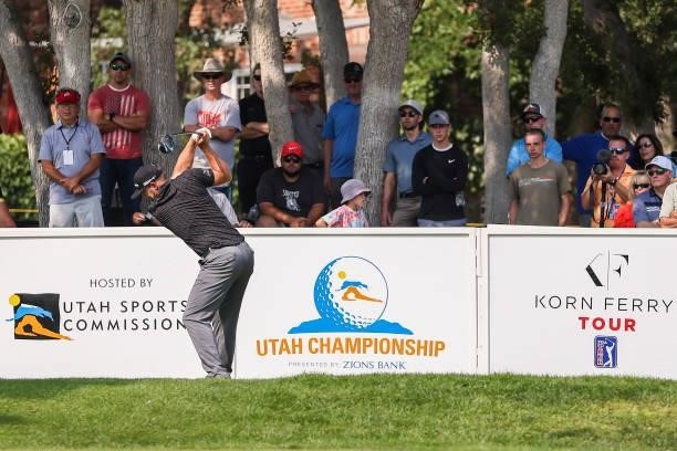 Taylor Montgomery plays his shot from the 18th tee during the third round of the Utah Championship presented by Zions Bank at Oakridge Country Club...