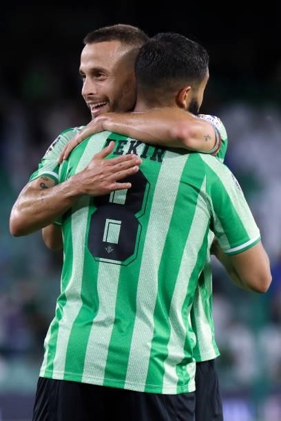 Nabil Fekir of Real Betis and Sergio Canales of Real Betis celebrate a goal during the pre-season friendly match between Real Betis and AS Roma at...