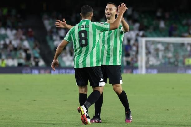 Nabil Fekir of Real Betis and Sergio Canales of Real Betis celebrate a goal during the pre-season friendly match between Real Betis and AS Roma at...
