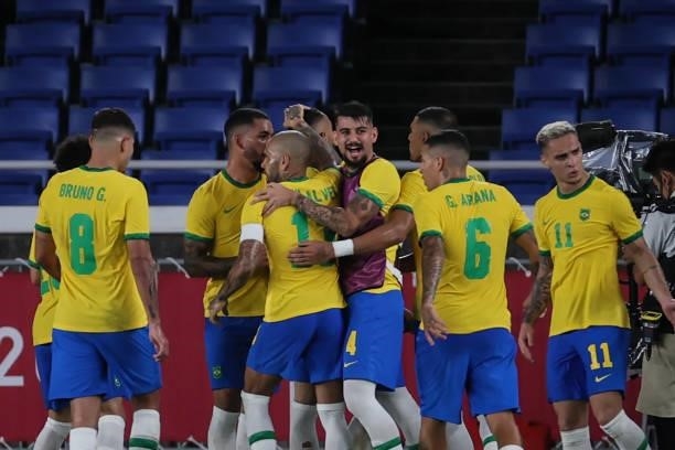 Matheus CUNHA of Team Brazil celebrate with teammate after score the first goal during The match between Brazil and Spain on day Fifteenth of the...