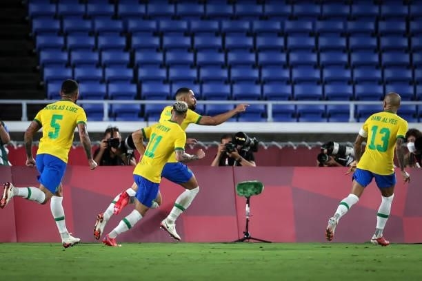 Matheus CUNHA of Team Brazil score the first goal during The match between Brazil and Spain on day Fifteenth of the Tokyo 2020 Olympic Games at...