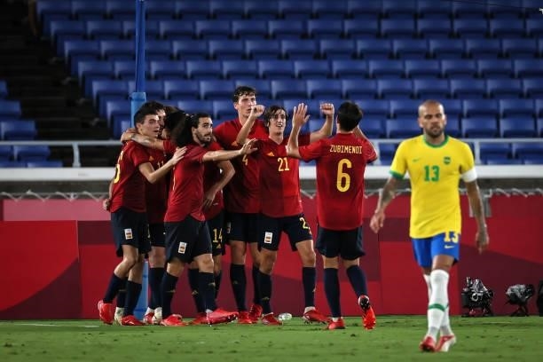 Mikel OYARZABAL of Team Spain celebrate with teammate after score the first goal during The match between Brazil and Spain on day Fifteenth of the...