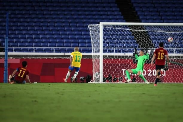 Mikel OYARZABAL of Team Spain score the first goal during The match between Brazil and Spain on day Fifteenth of the Tokyo 2020 Olympic Games at...