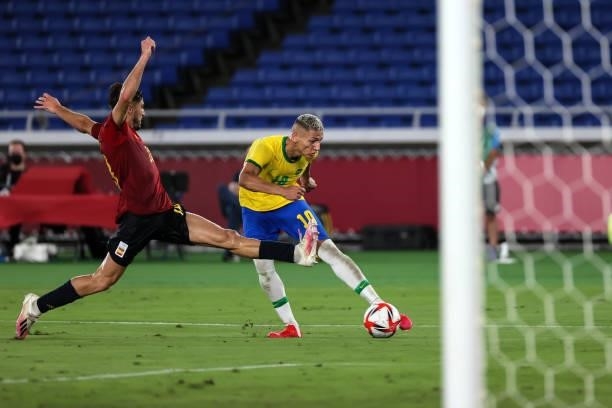 Of Team Brazil competes for the ball with Oscar GIL of Team Spain during The match between Brazil and Spain on day Fifteenth of the Tokyo 2020...