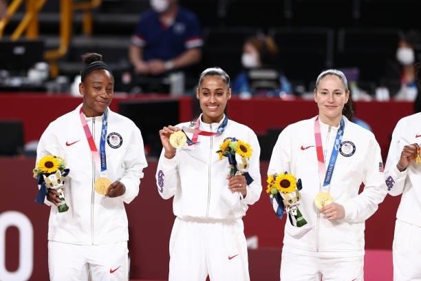 Jewell Loyd, Skylar Diggins-Smith and Sue Bird of the USA Women's National Team look on after winning the Gold Medal Game of the 2020 Tokyo Olympics...