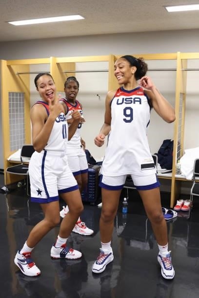Napheesa Collier of the USA Women's National Team and A'ja Wilson of the USA Women's National Team celebrates winning the Gold Medal Game of the 2020...