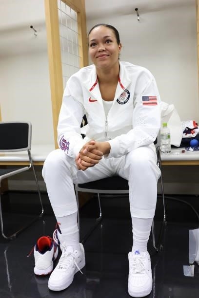 Napheesa Collier of the USA Women's National Team smiles after winning the Gold Medal Game of the 2020 Tokyo Olympics at the Saitama Super Arena on...