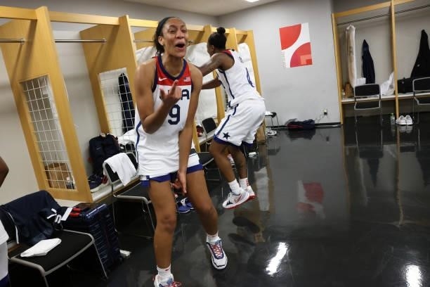 Ja Wilson of the USA Women's National Team celebrates winning the Gold Medal Game of the 2020 Tokyo Olympics at the Saitama Super Arena on August 8,...