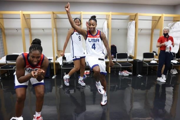 Jewell Loyd of the USA Women's National Team celebrates winning the Gold Medal Game of the 2020 Tokyo Olympics at the Saitama Super Arena on August...