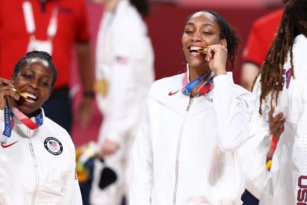Chelsea Gray and A'ja Wilson of the USA Women's National Team celebrate after winning the Gold Medal Game of the 2020 Tokyo Olympics at the Super...