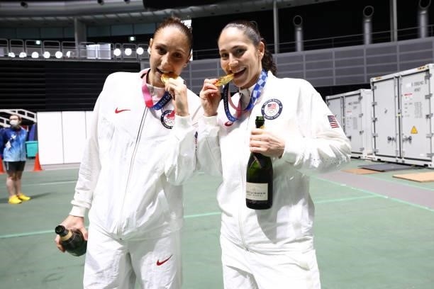 Diana Taurasi of the USA Women's National Team and Sue Bird of the USA Women's National Team pose for a photo after the Medal Ceremony of the 2020...