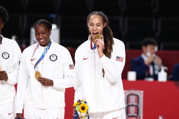 Brittney Griner of the USA Women's National Team celebrates after winning the Gold Medal Game of the 2020 Tokyo Olympics at the Super Saitama Arena...