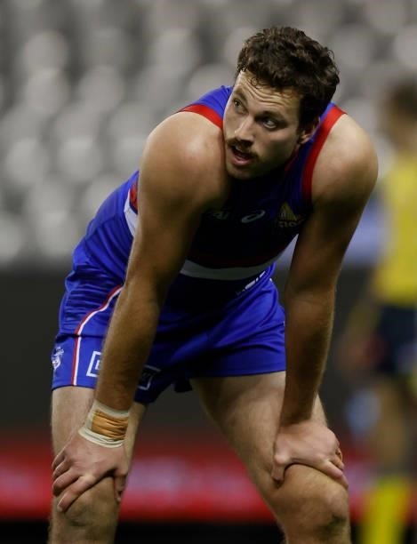 Zaine Cordy of the Bulldogs looks on during the 2021 AFL Round 21 match between the Western Bulldogs and the Essendon Bombers at Marvel Stadium on...