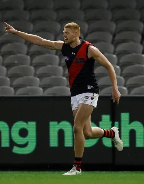 Peter Wright of the Bombers celebrates a goal during the 2021 AFL Round 21 match between the Western Bulldogs and the Essendon Bombers at Marvel...