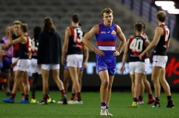Jack Macrae of the Bulldogs looks dejected after a loss during the 2021 AFL Round 21 match between the Western Bulldogs and the Essendon Bombers at...