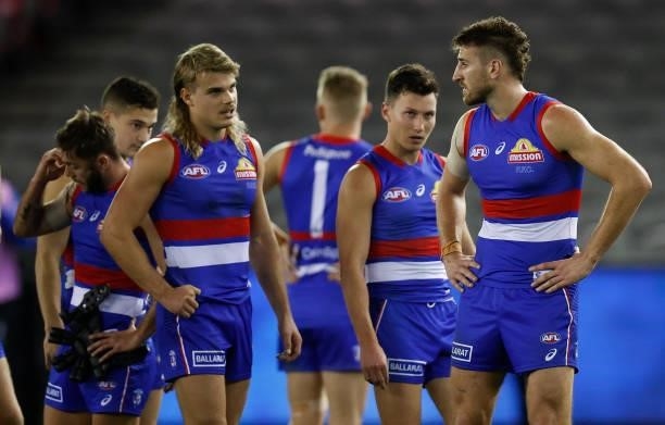 Marcus Bontempelli of the Bulldogs looks dejected after a loss during the 2021 AFL Round 21 match between the Western Bulldogs and the Essendon...
