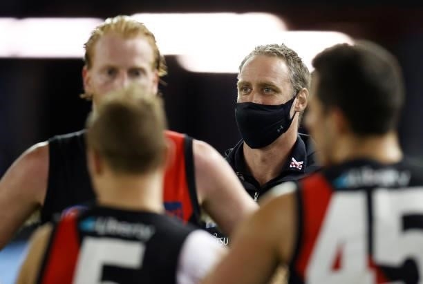 Ben Rutten, Senior Coach of the Bombers looks on during the 2021 AFL Round 21 match between the Western Bulldogs and the Essendon Bombers at Marvel...