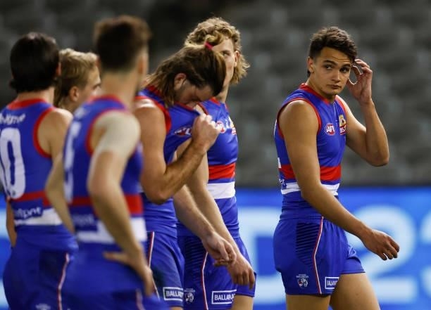 Jamarra Ugle-Hagan of the Bulldogs looks dejected after a loss during the 2021 AFL Round 21 match between the Western Bulldogs and the Essendon...