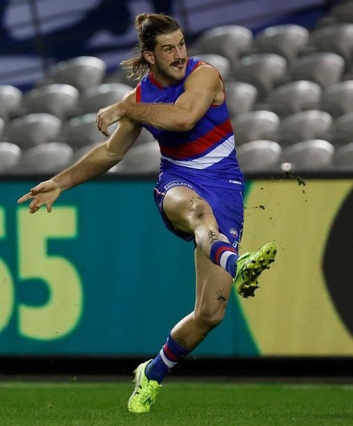 Josh Bruce of the Bulldogs in action during the 2021 AFL Round 21 match between the Western Bulldogs and the Essendon Bombers at Marvel Stadium on...