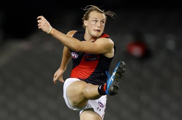Mason Redman of the Bombers in action during the 2021 AFL Round 21 match between the Western Bulldogs and the Essendon Bombers at Marvel Stadium on...