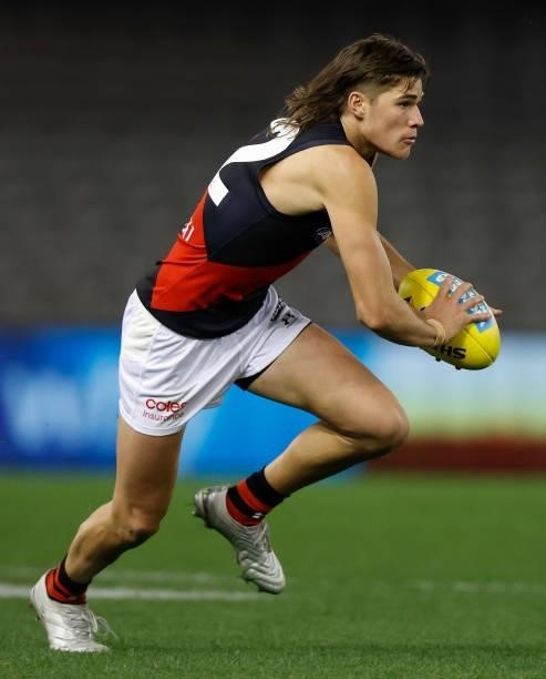 Sam Durham of the Bombers in action during the 2021 AFL Round 21 match between the Western Bulldogs and the Essendon Bombers at Marvel Stadium on...