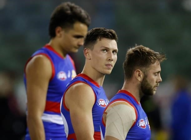 Anthony Scott of the Bulldogs looks dejected after a loss during the 2021 AFL Round 21 match between the Western Bulldogs and the Essendon Bombers at...