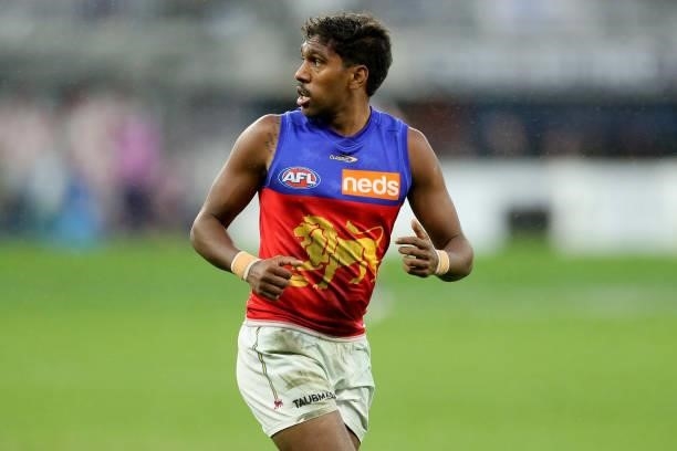 Keidean Coleman of the Lions looks on during the 2021 AFL Round 21 match between the Fremantle Dockers and the Brisbane Lions at Optus Stadium on...