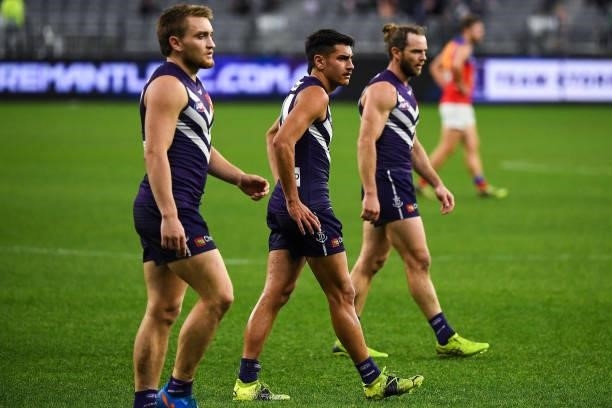 Joel Western of the Dockers looks dejected after a loss during the 2021 AFL Round 21 match between the Fremantle Dockers and the Brisbane Lions at...