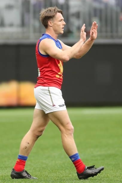 Lincoln McCarthy of the Lions celebrates after scoring a goal during the 2021 AFL Round 21 match between the Fremantle Dockers and the Brisbane Lions...