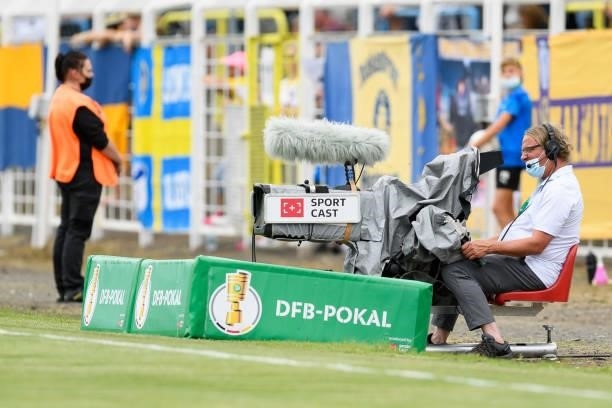 Camera from Sport Cast during the DFB Cup first round match between 1. FC Lok Leipzig and Bayer Leverkusen at Bruno-Plache-Stadion on August 7, 2021...