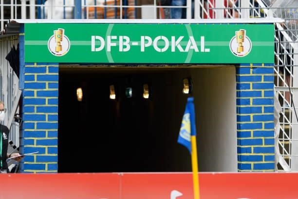 Lettering above the players' tunnel during the DFB Cup first round match between 1. FC Lok Leipzig and Bayer Leverkusen at Bruno-Plache-Stadion on...