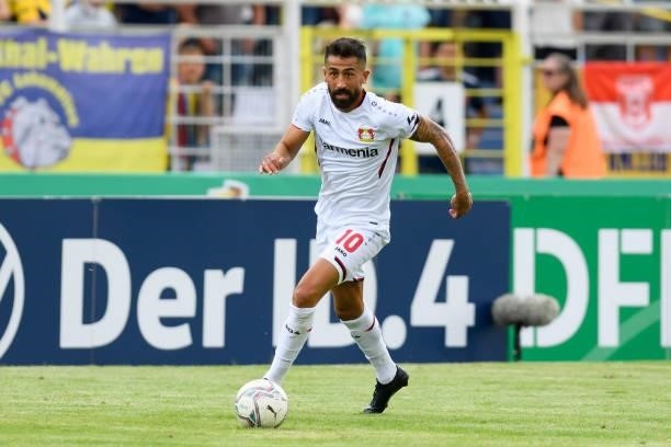 Kerem Demirbay of Bayer 04 Leverkusen controls the ball during the DFB Cup first round match between 1. FC Lok Leipzig and Bayer Leverkusen at...